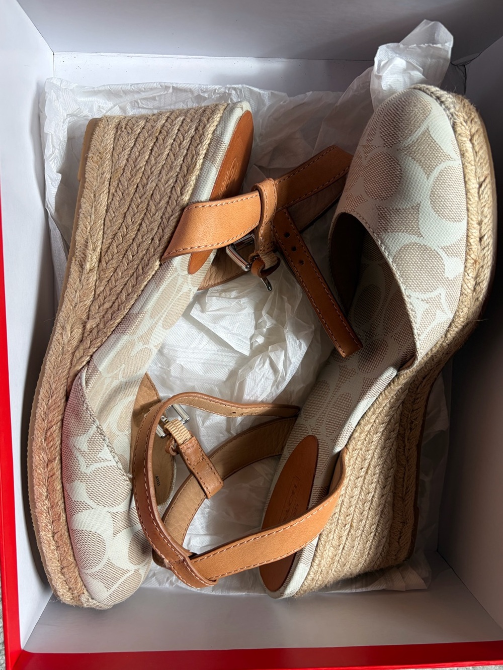 Coach Tan Canvas Espadrille Wedge Sandals